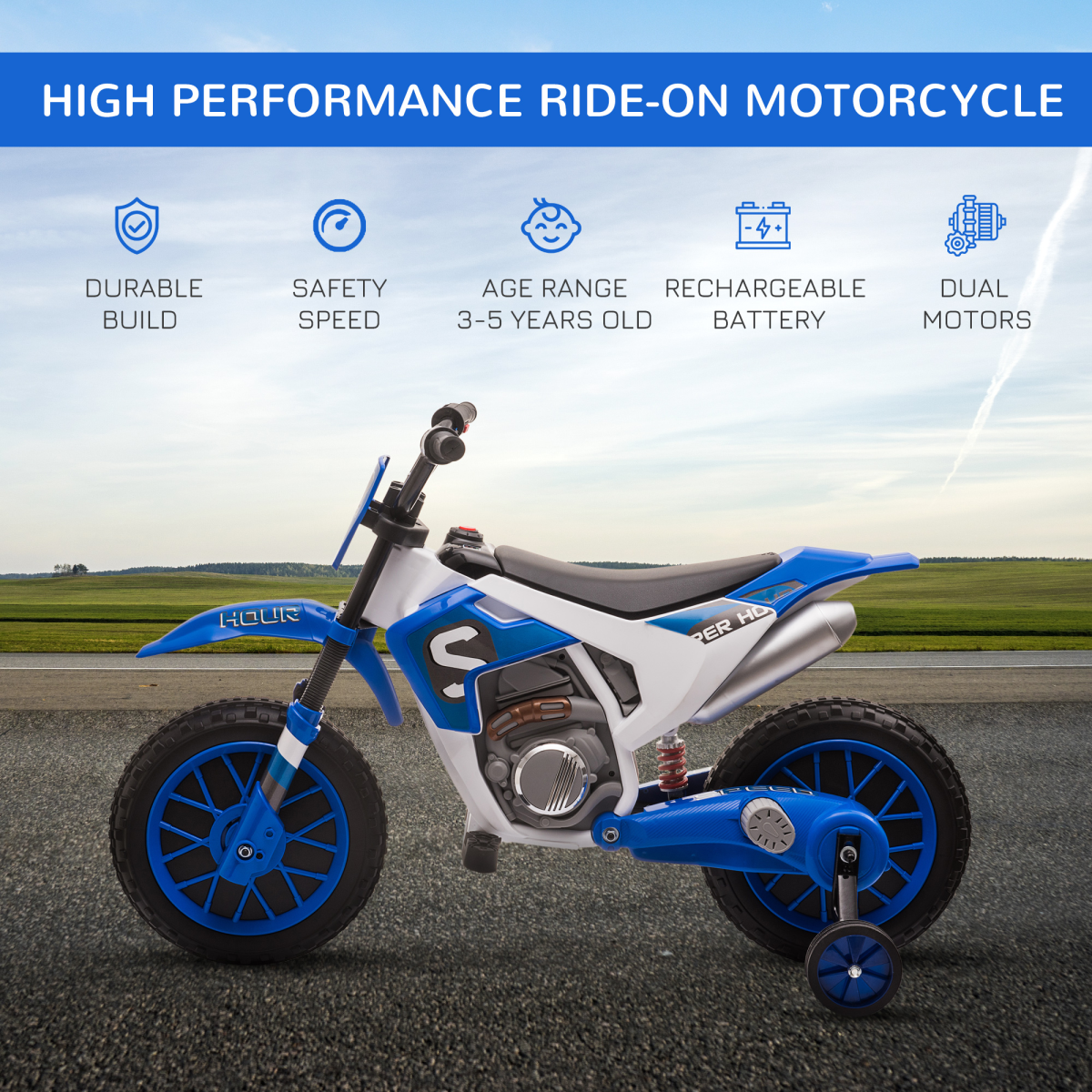 Blue HOMCOM 12V Kids Electric Motorbike with training wheels, featuring a sleek design for safe riding fun.
