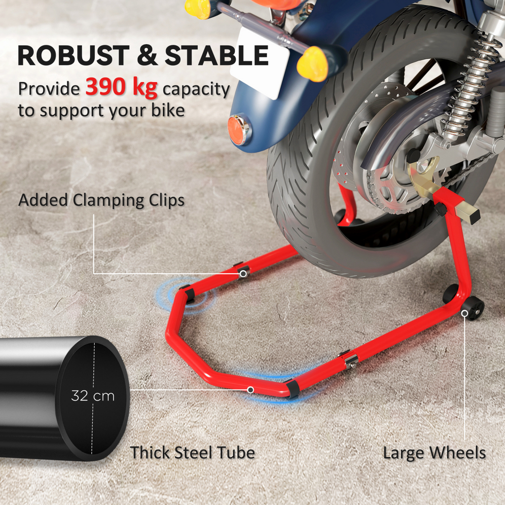 Motorcycle Paddock Stand - Front & Rear - 390kg Capacity - Adjustable Adapters - Red