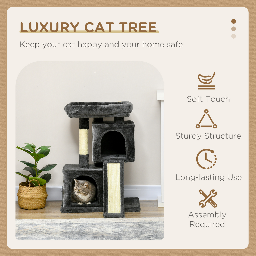 Cat Rest & Play Activity Tree with two house perches and scratching post in black by Pawhut.