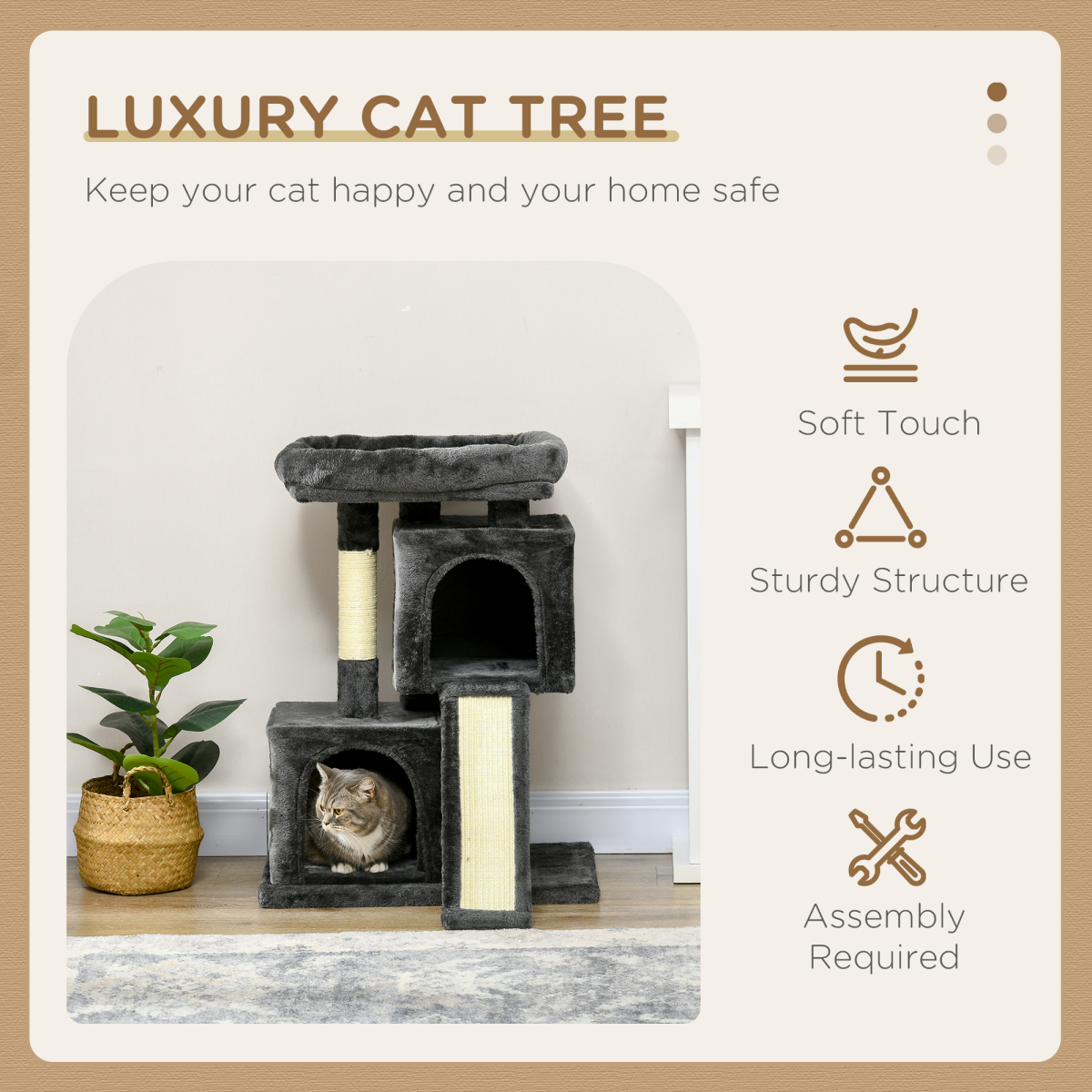 Cat Rest & Play Activity Tree with two house perches and scratching post in black by Pawhut.