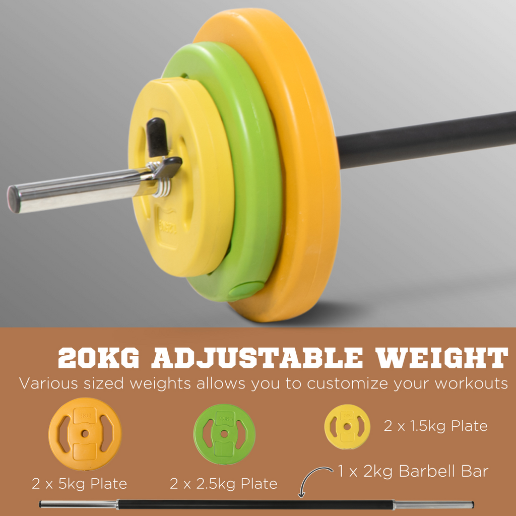 HOMCOM 20kg barbell set with non-slip handle for strength training, featuring weights and sturdy design.