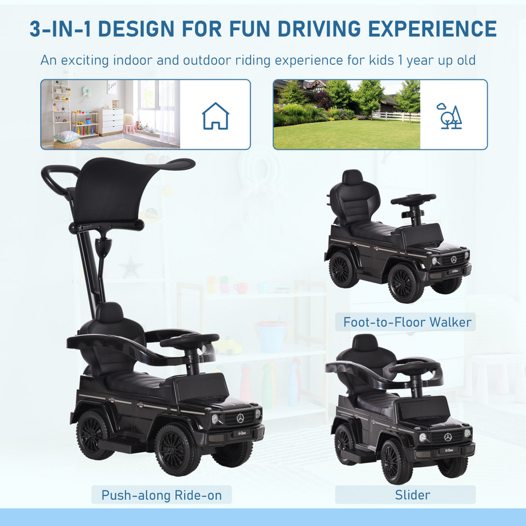 Licensed Mercedes Benz G350 ride-on push car in black with sun canopy for toddlers aged 12-36 months.