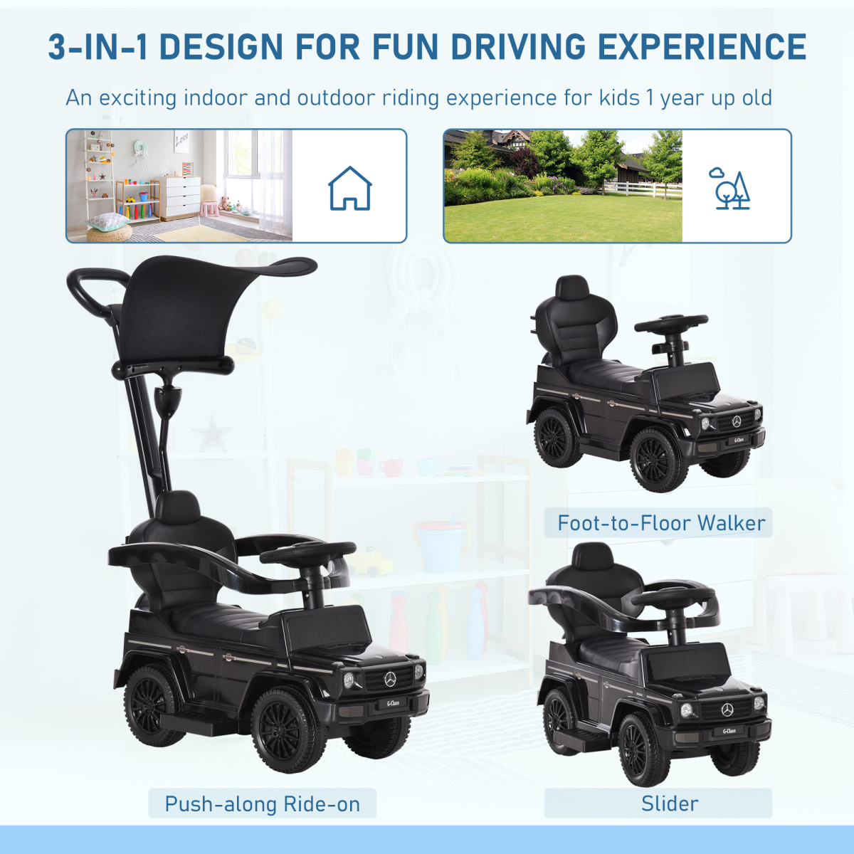 Licensed Mercedes Benz G350 ride-on push car in black with sun canopy for toddlers aged 12-36 months.