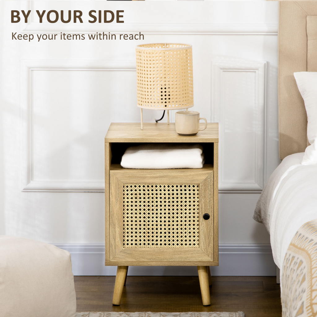 HOMCOM rattan nightstand with cabinet and shelf, showcasing natural wood finish and stylish design for bedroom decor.