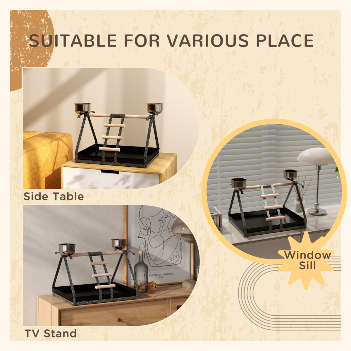 Portable Bird Stand Resting Stainless Steel Base Perch Ladder Bowls
