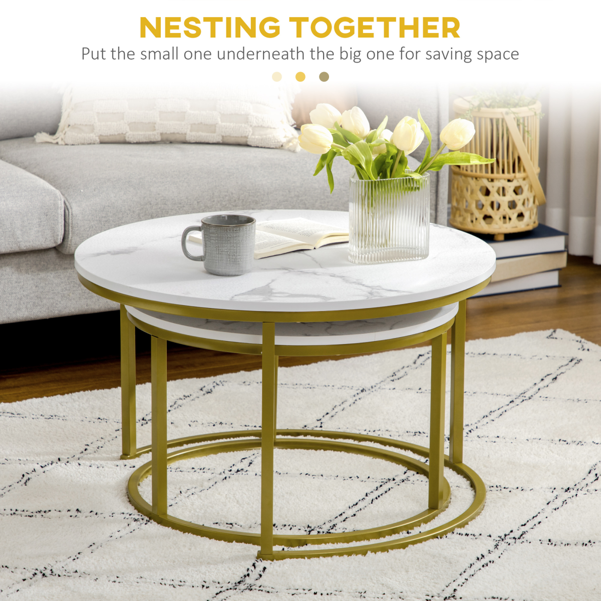 Set of 2 round nesting coffee tables with a metal frame and marble effect by HOMCOM, showcasing elegant design and functionality.