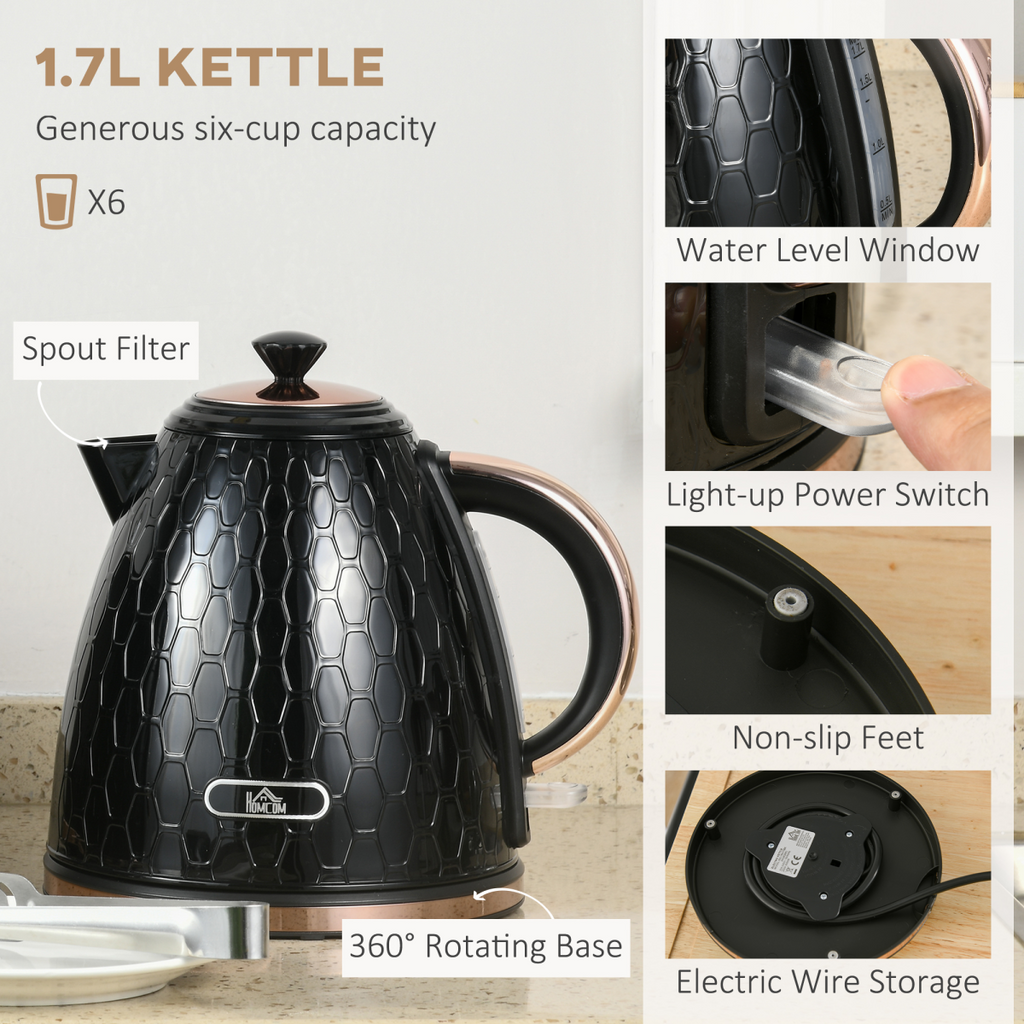 HOMCOM black kettle and toaster set, featuring a 1.7L kettle and 4-slice toaster with 7 browning levels.