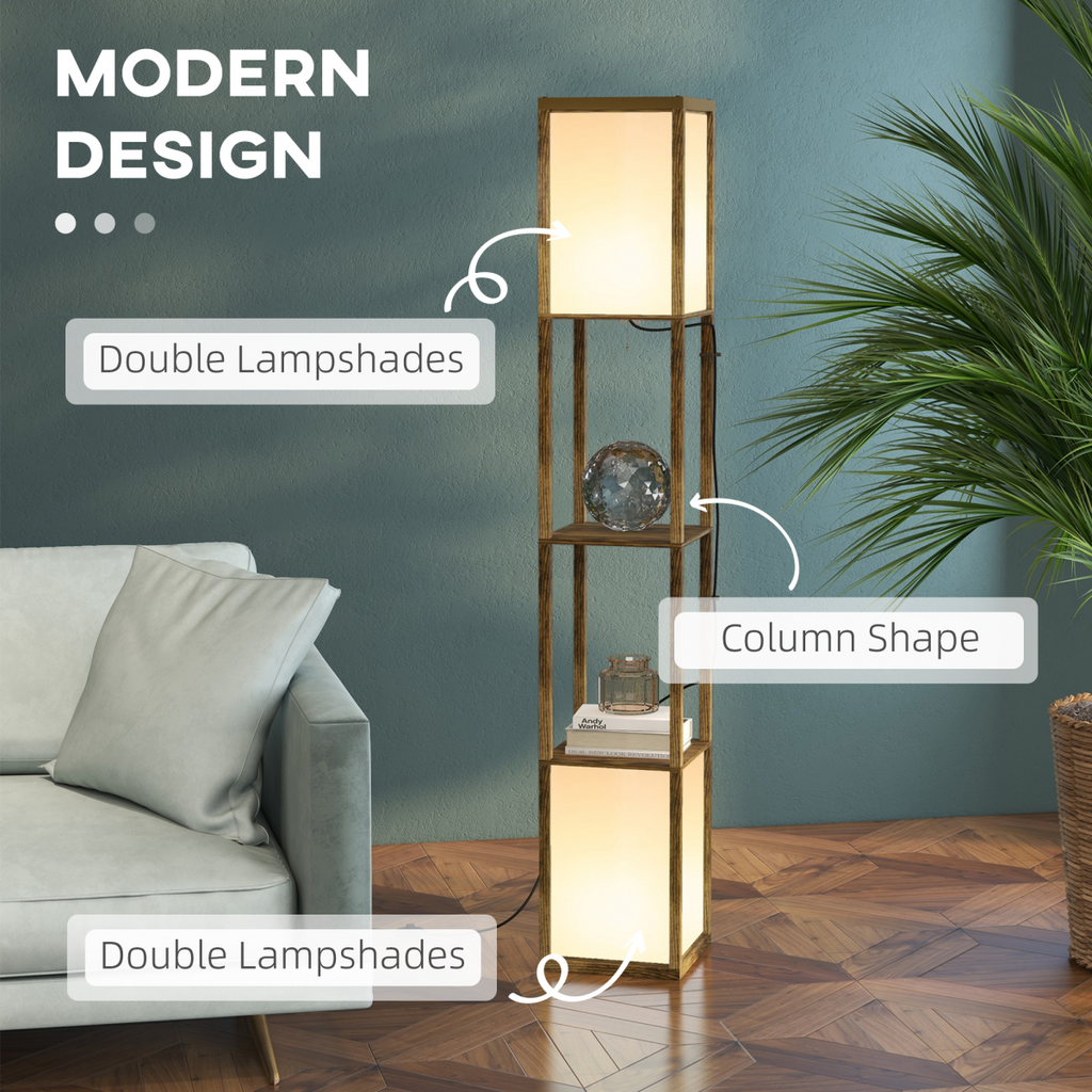 HOMCOM brown shelf floor lamp with dual lights and two display shelves in a cozy living room setting.