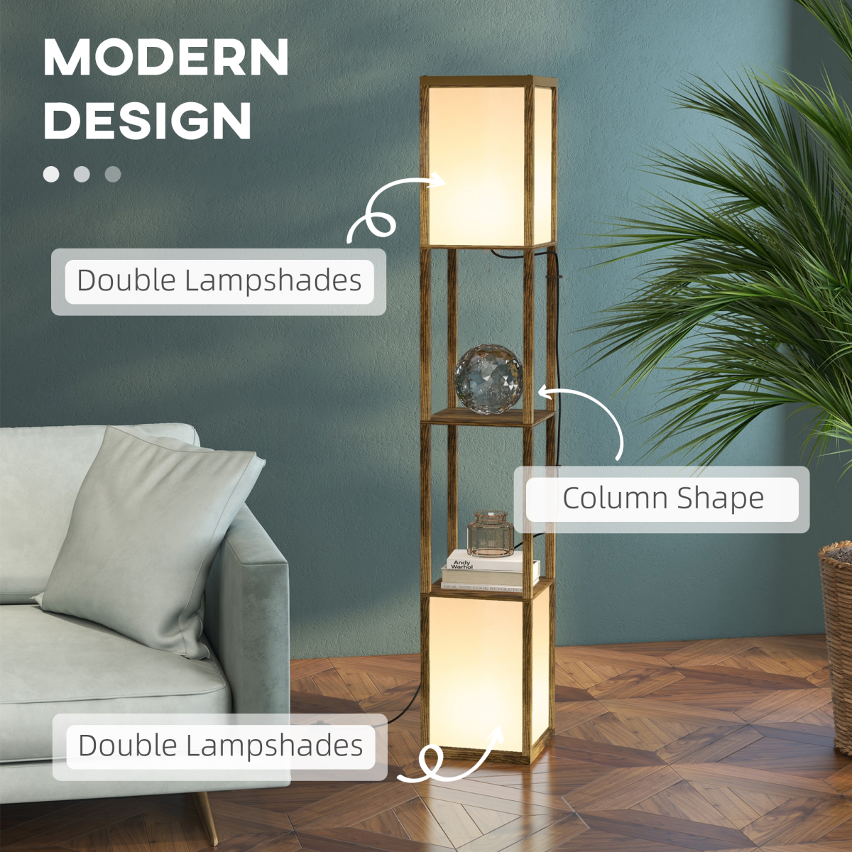 HOMCOM brown shelf floor lamp with dual lights and two display shelves in a cozy living room setting.
