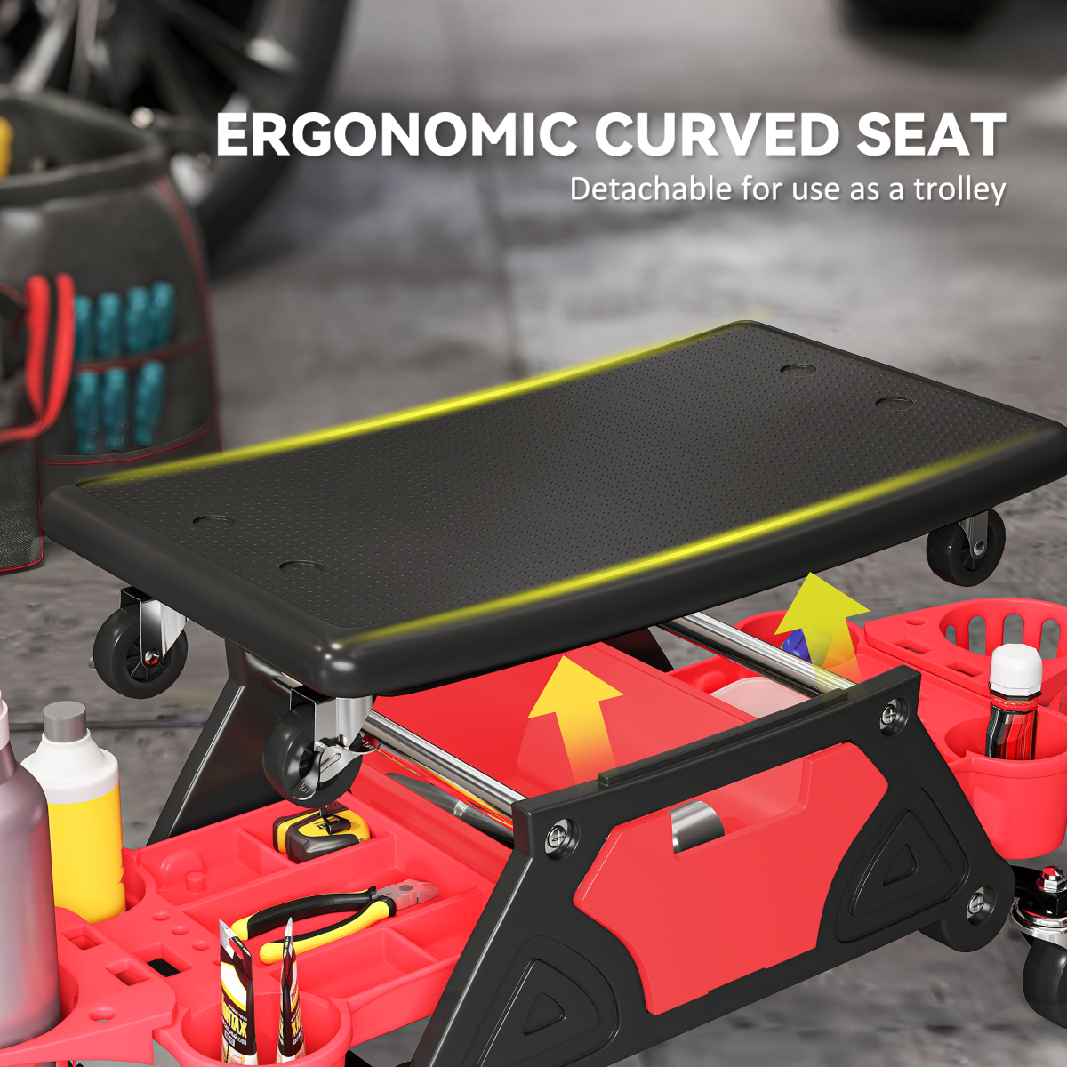 Rolling Mechanic Stool with Detachable Seat & Storage - 135kg Capacity - Red