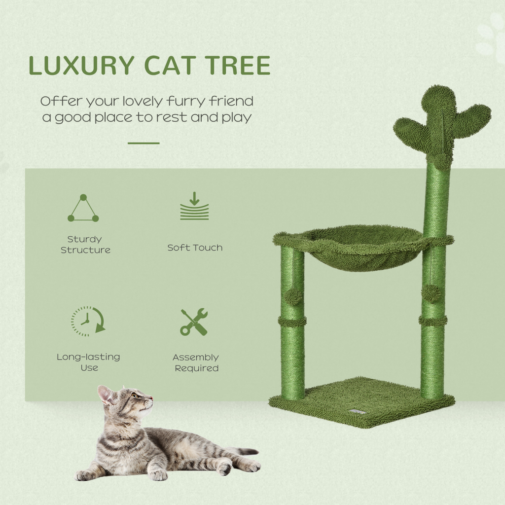 Green Pawhut cactus cat tree featuring a scratching post, hammock bed, and toy ball for indoor cats.