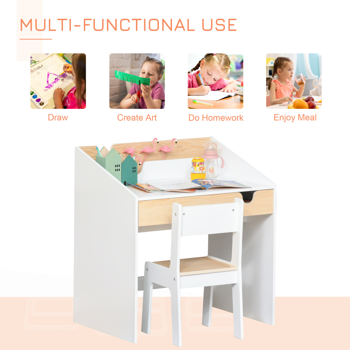 Two-Piece Kids Desk and Chair Set Children Study Table w/ Storage