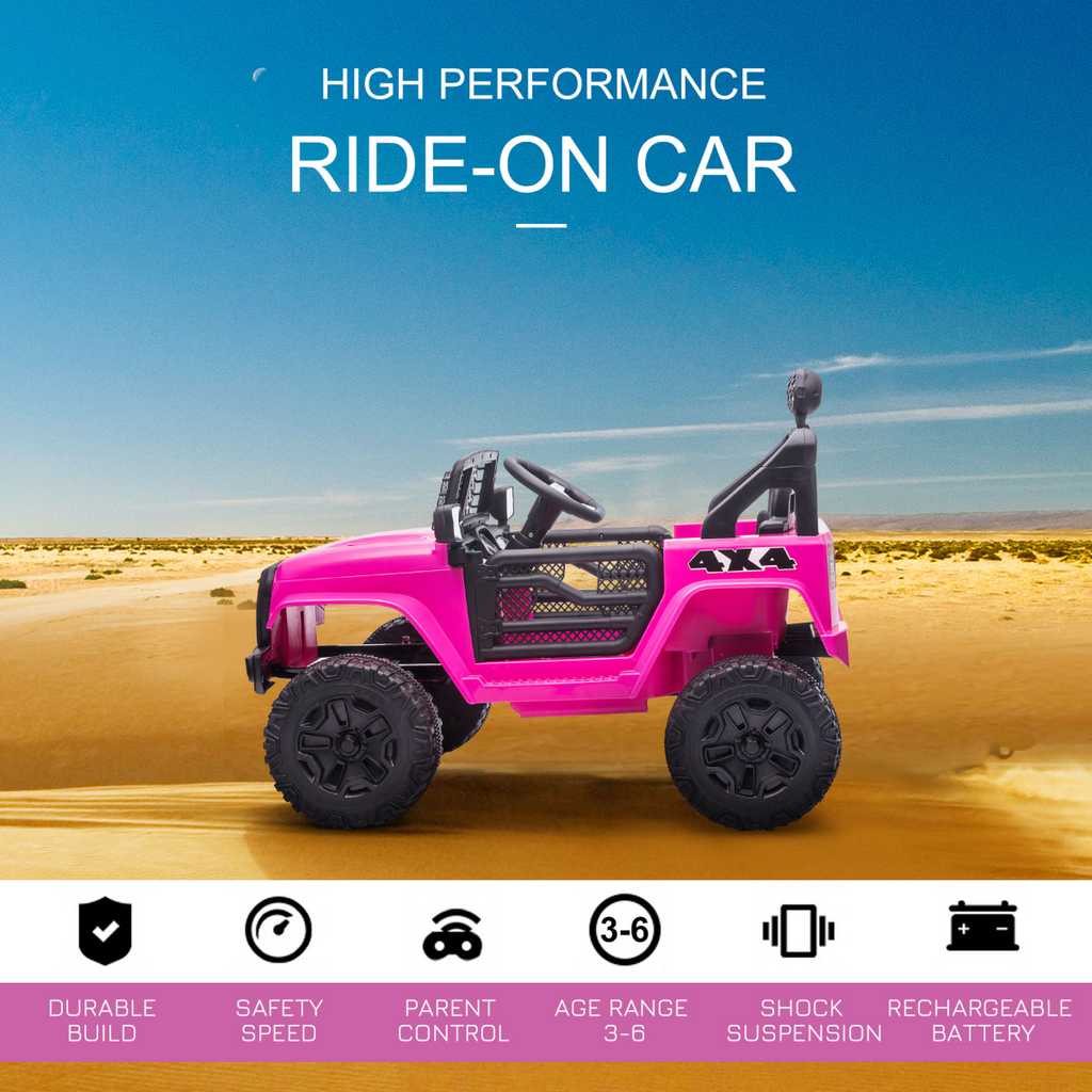 Pink 12V kids electric ride-on truck by FunZone, featuring remote control and off-road SUV design for ages 3-6.