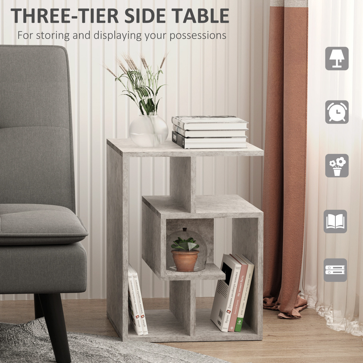 3-tier side table with open shelves and cubic design, showcasing a modern storage display for home decor.