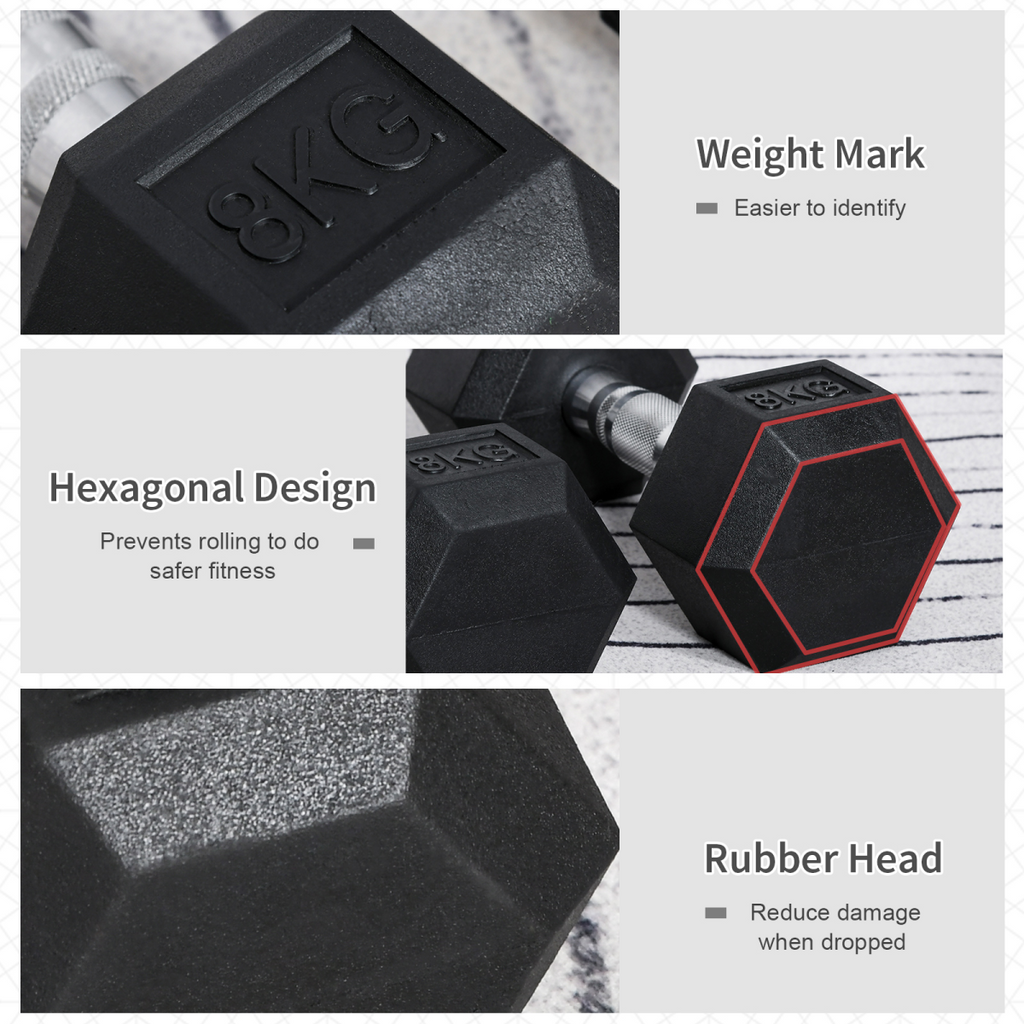 Hexagonal 8kg dumbbells from ActiveGear for effective weight lifting and home fitness workouts.