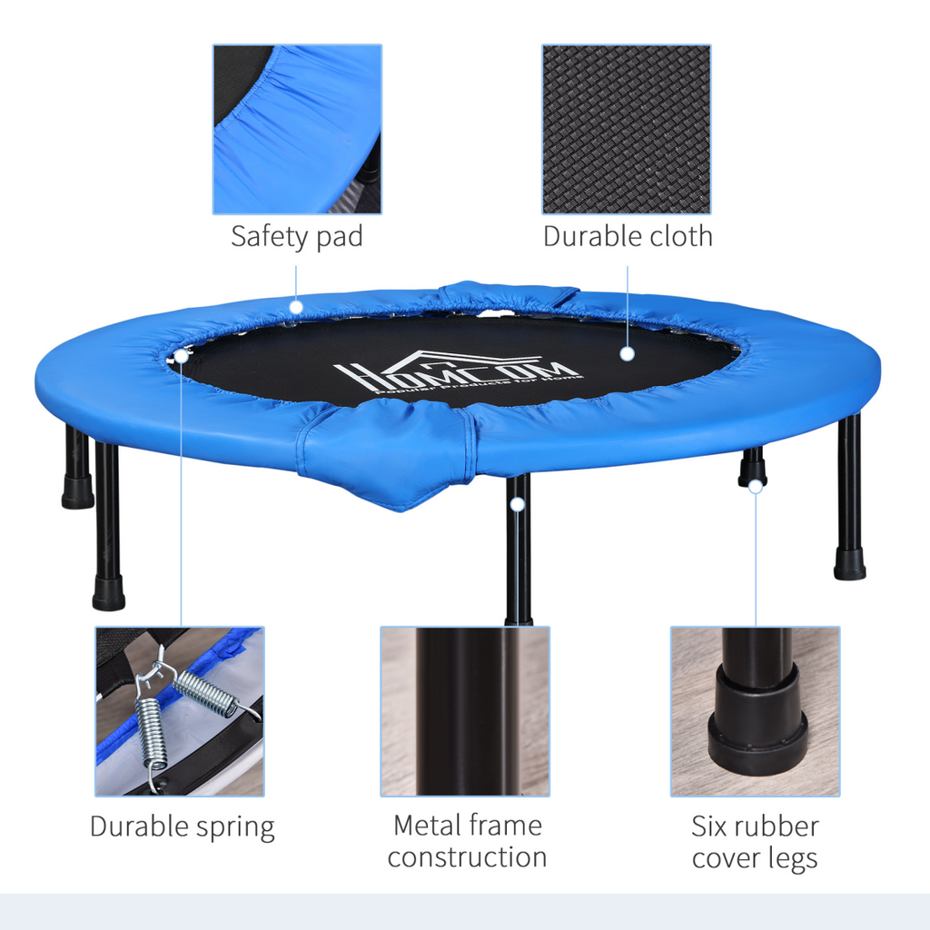 Blue 96cm foldable mini fitness trampoline by ActiveGear, showcasing a compact design ideal for home workouts.
