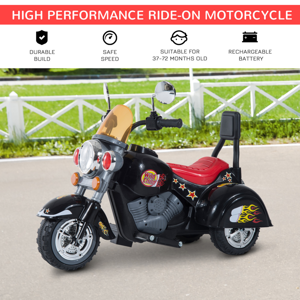 Black 6V electric motorbike for kids, 3-wheel design with lights and sound, suitable for ages 3-6 by FunZone.