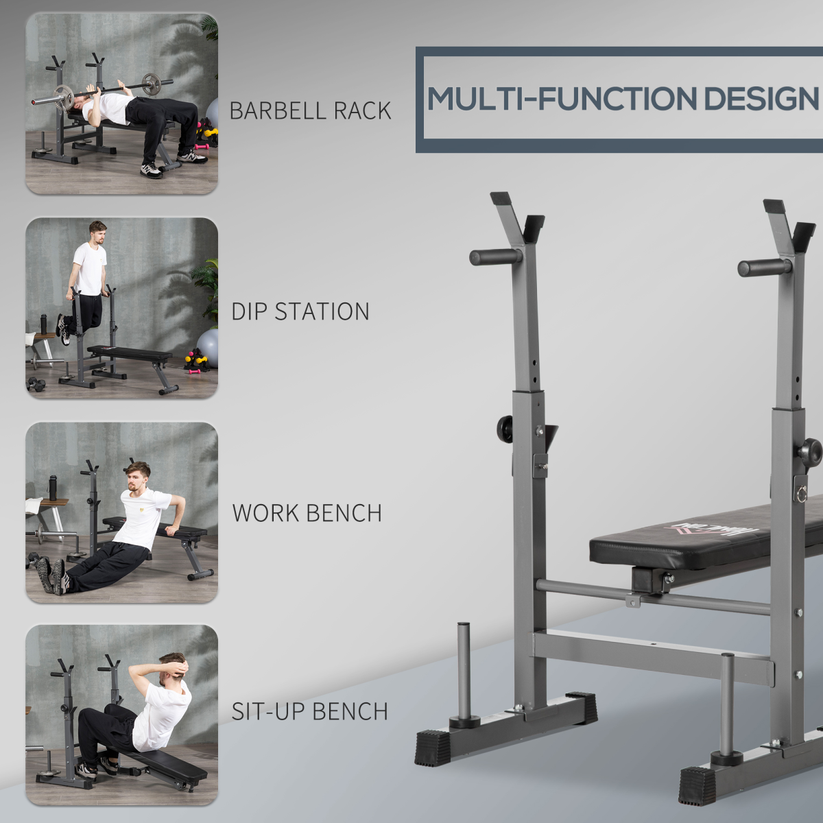 Adjustable foldable weight bench with barbell rack and dip station by ActiveGear, showcasing its versatile workout design.