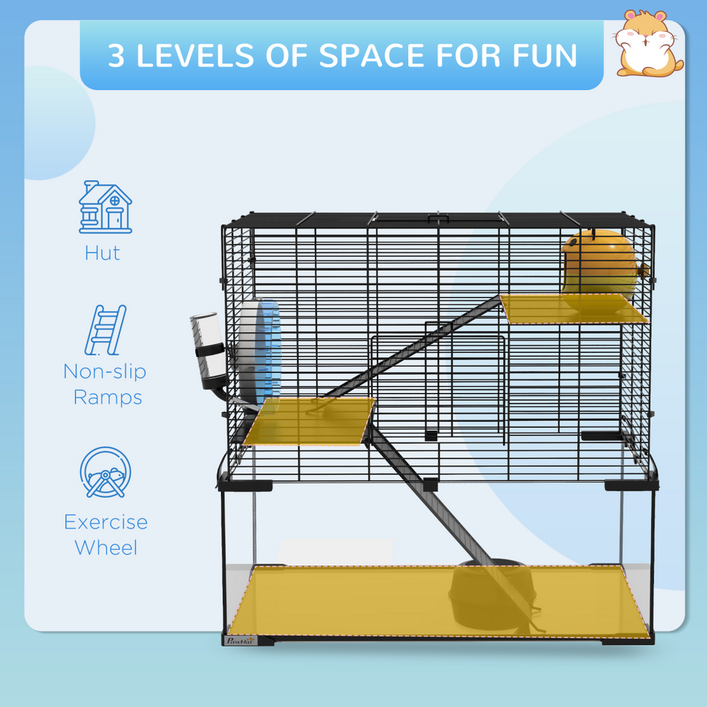 3 Tiers Hamster Cage w/ Deep Glass Bottom, Dish, Hut, 60 x 40 x 57cm