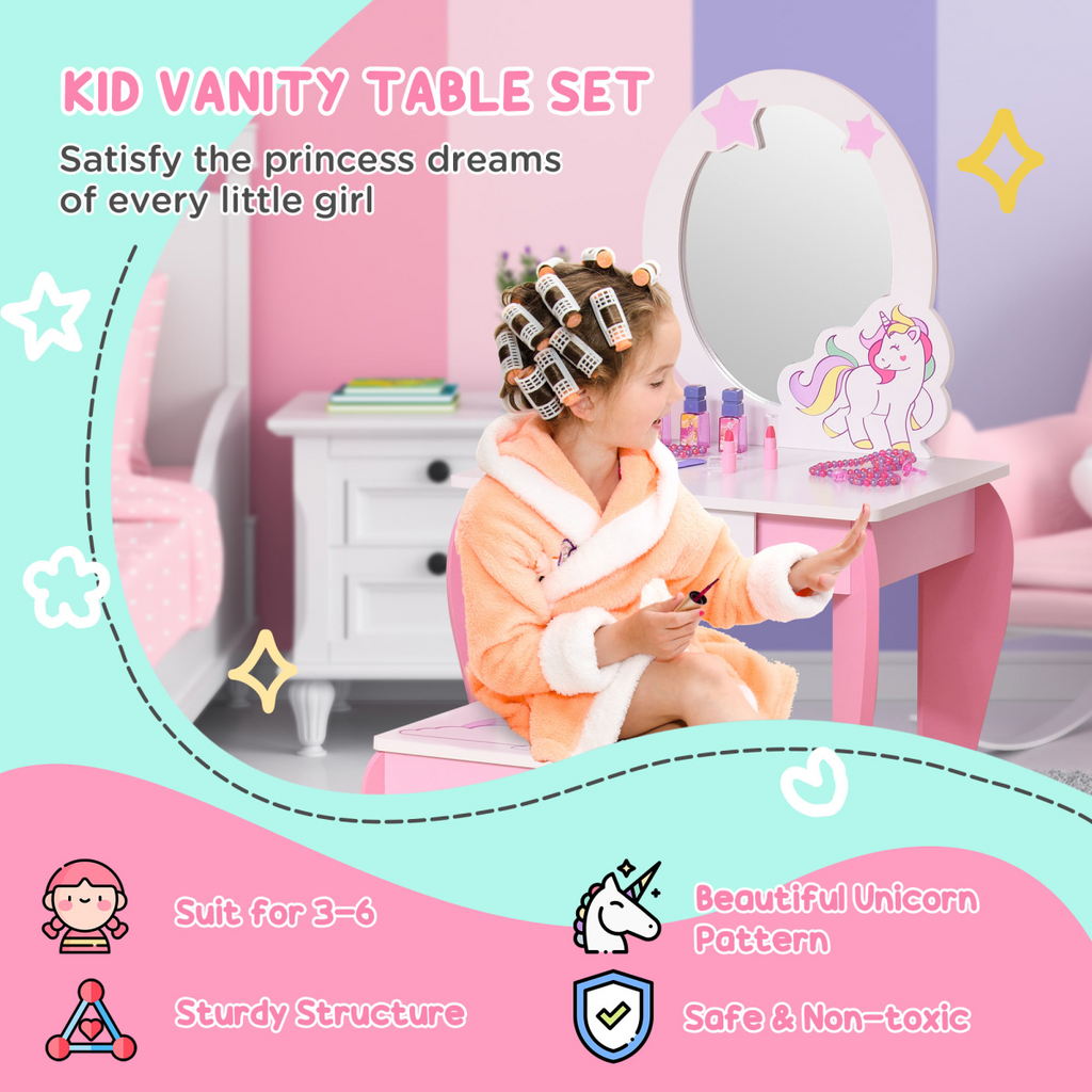HOMCOM kids dressing table with unicorn design, mirror, and stool for girls' playroom or bedroom decor.