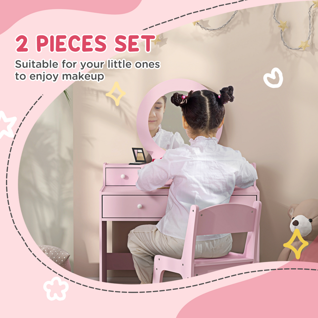 Pink AIYAPLAY Kids Dressing Table Set with stool, mirror, and drawers, designed for imaginative play.