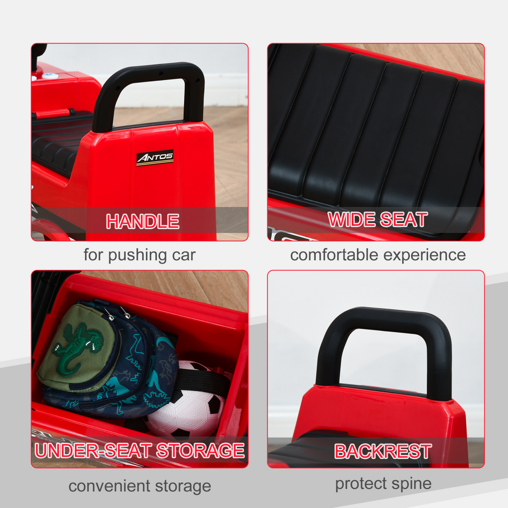 Red HOMCOM 3-in-1 Ride On Car for kids featuring a Mercedes truck design and storage, suitable for ages 12 to 36 months.