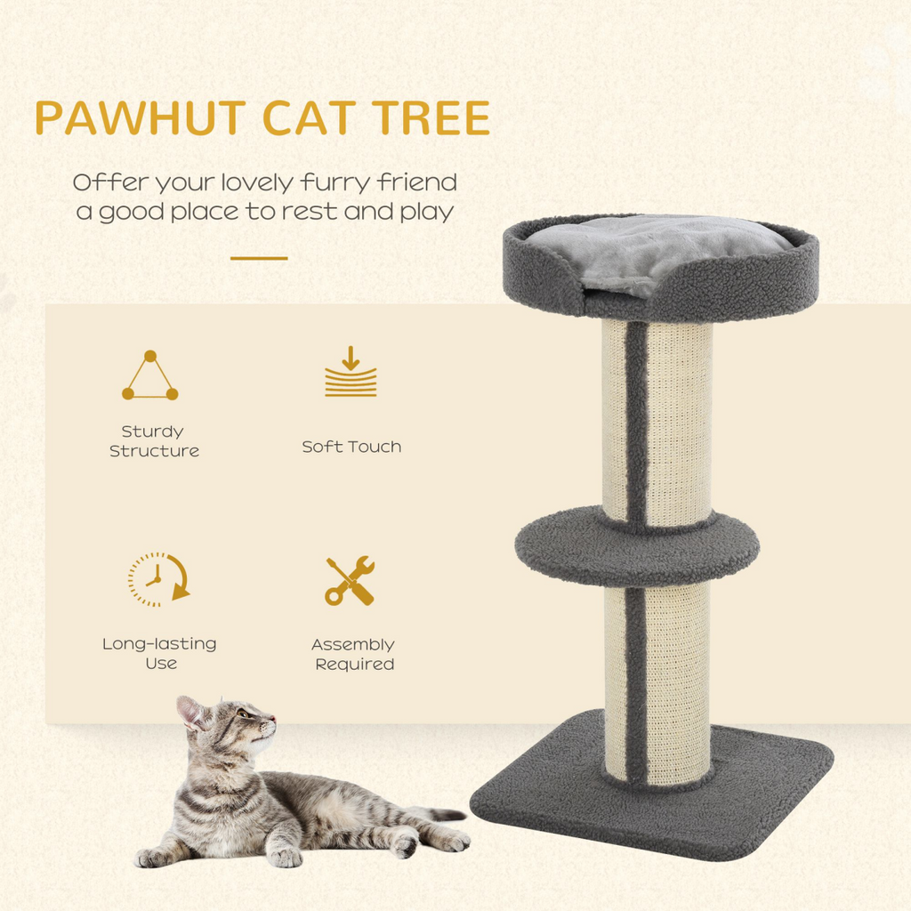 91cm Pawhut cat tree with scratching post, plush lamb cashmere perch, and activity center for kittens and cats.