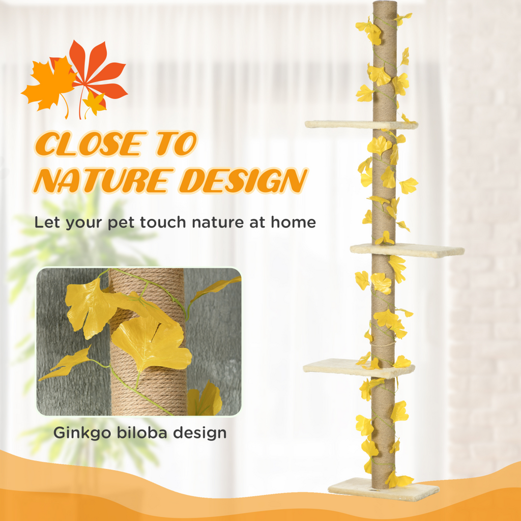 242cm PawHut adjustable floor-to-ceiling cat tree in yellow with anti-slip kit, showcasing multiple levels and cozy perches.