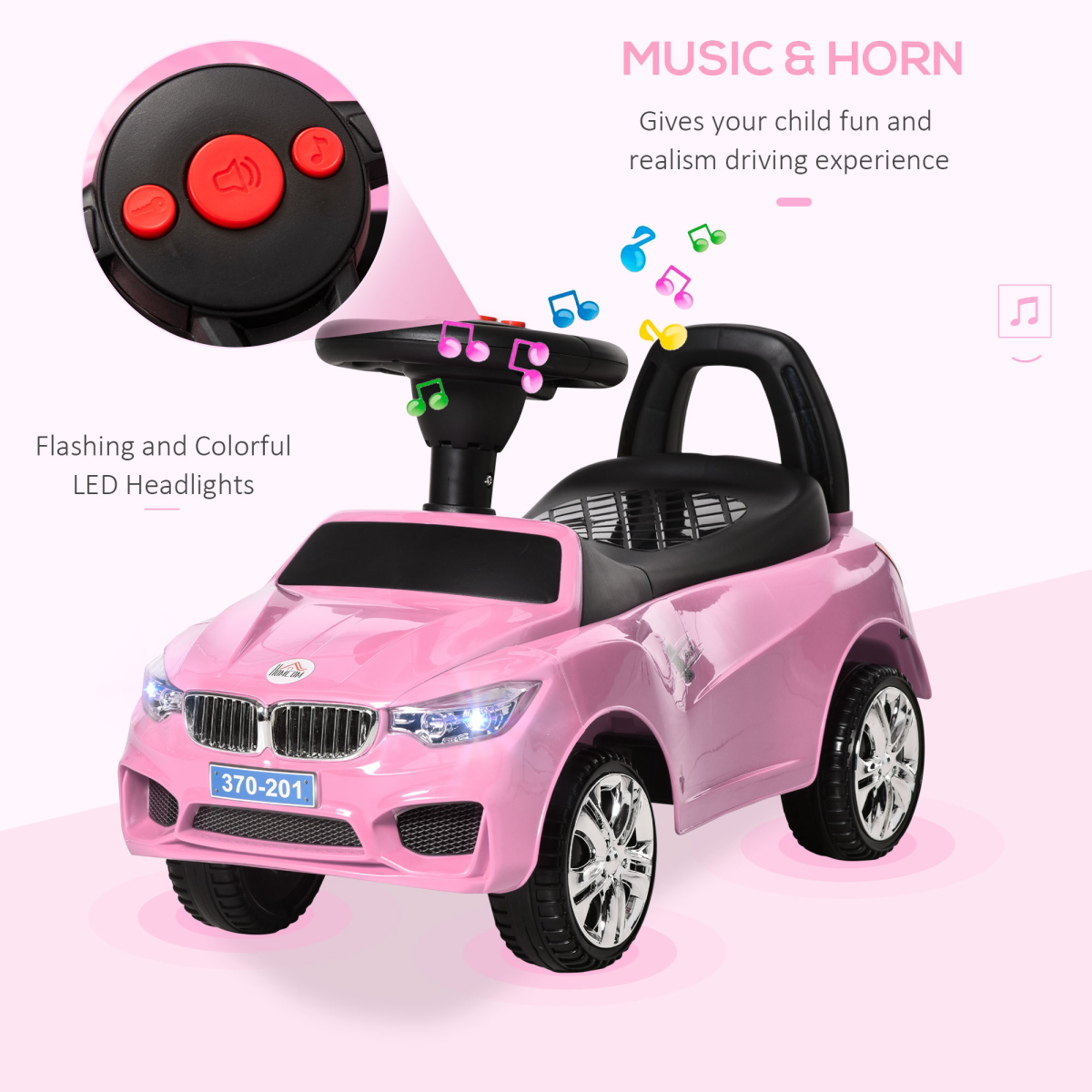 Pink HOMCOM Ride on Car for toddlers, featuring a foot-to-floor design and sliding capability for fun and safe play.