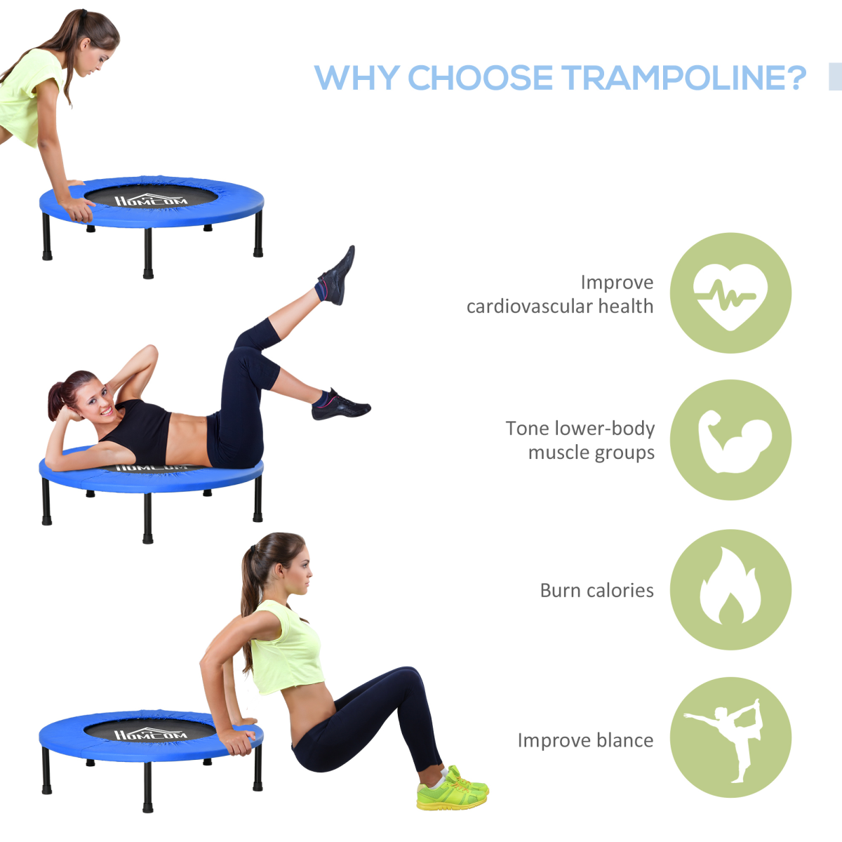 HOMCOM 81cm foldable fitness trampoline in blue and black, designed for exercise with a max load of 100kg.