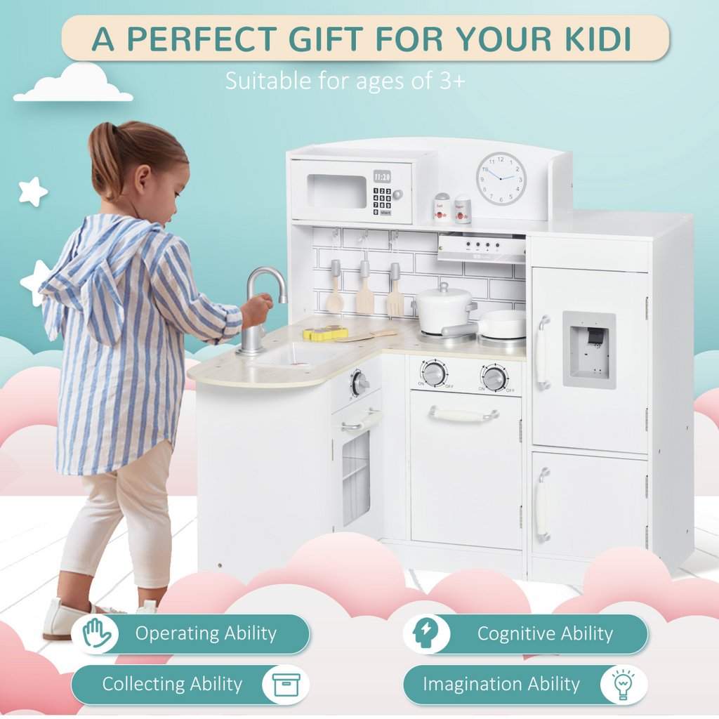 Kids Kitchen Play Kitchen Toy Set by HOMCOM featuring a white drinking fountain for imaginative play.