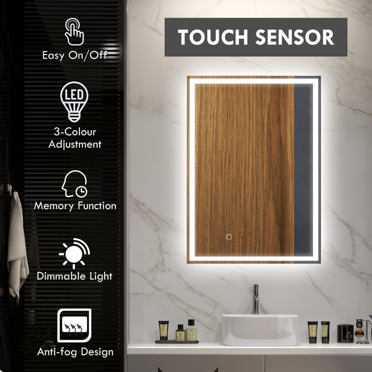 kleankin Illuminated Bathroom Mirror with LED Lights, 3 Colours, Defogging Film