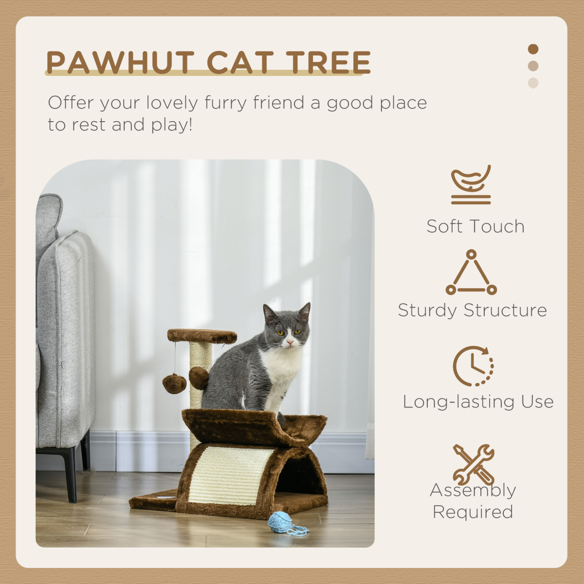 Pawhut cat tree features plush scratching posts, a top bar tunnel, and a dangling ball for kitty playtime activities.