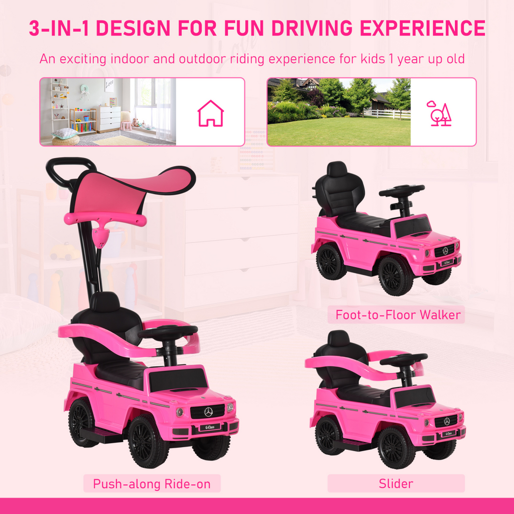 Licensed Mercedes Benz G350 pink ride-on push car with sun canopy for toddlers aged 12-36 months.