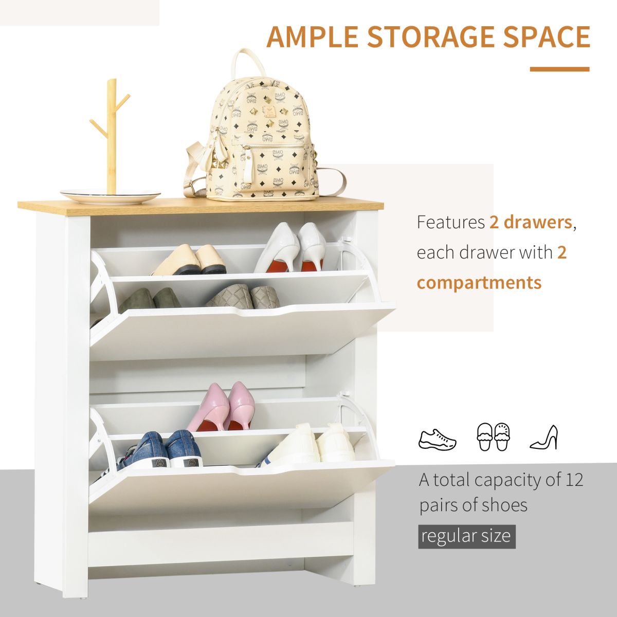 HOMCOM 12-Shoe Storage Cabinet 4 Shelves 2 Drawers Tabletop 4 Legs White