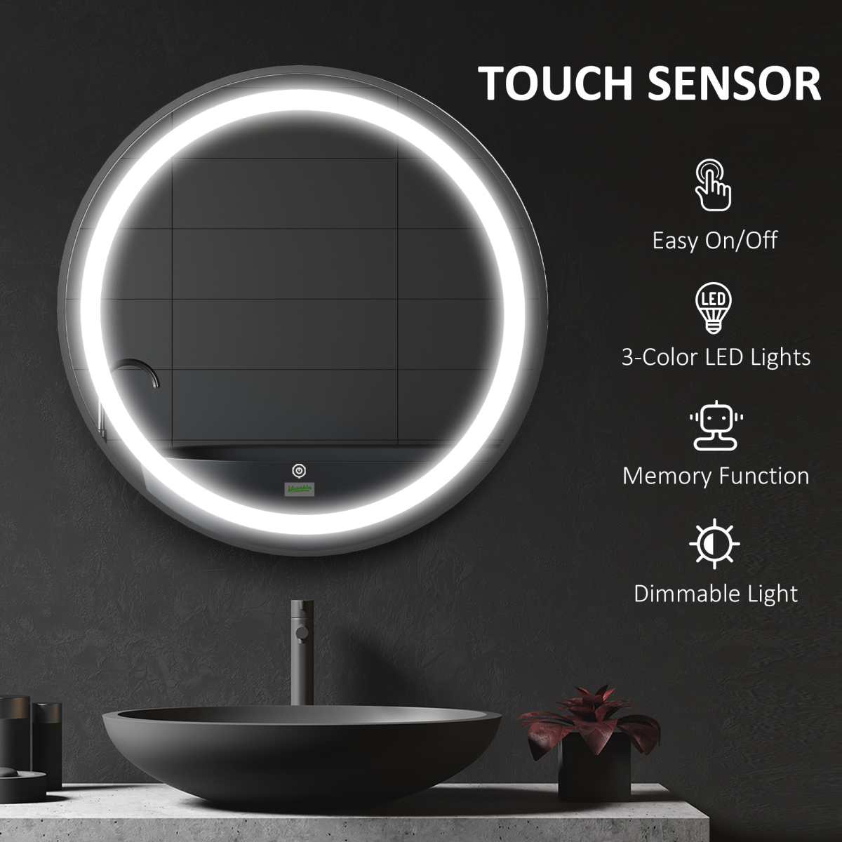 LED Smart Bathroom Mirror Wall Mounted Round Vanity Mirror w/ Lights, Black
