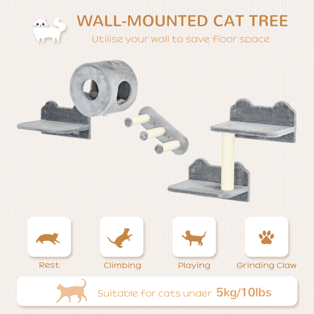 Four-Piece Wall-Mounted Cat Tree with Platforms, Steps, Perch, Cat House - Grey