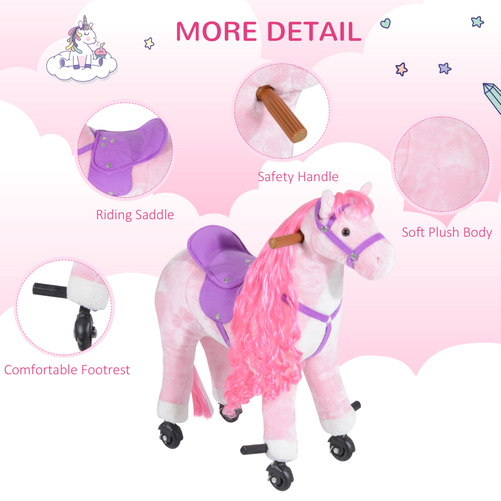 Child-sized plush walking ride-on horse toy by HOMCOM, featuring sound and realistic design for imaginative play.