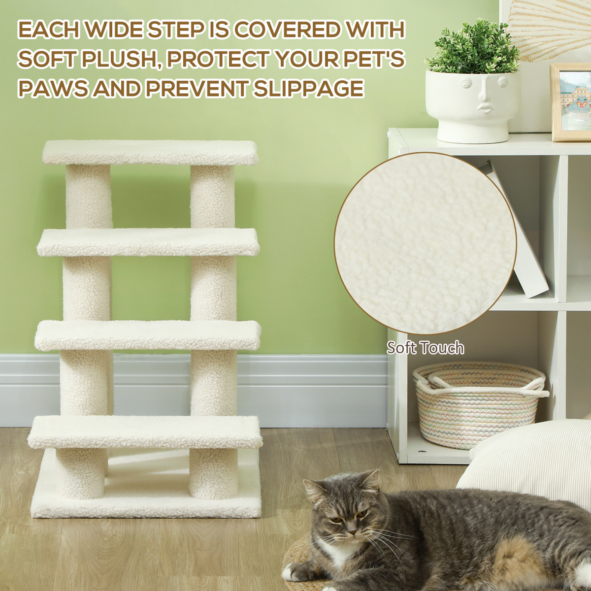 Pawhut brown pet ramp stairs with 4 steps, designed for cats to safely climb and access elevated areas.