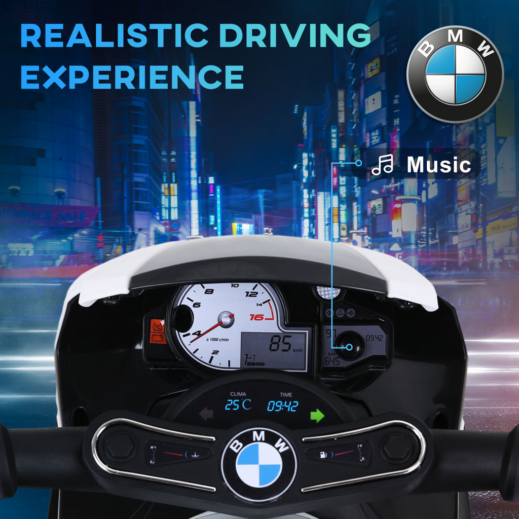 Black HOMCOM BMW licensed electric kids ride-on motorcycle with headlights and music features.
