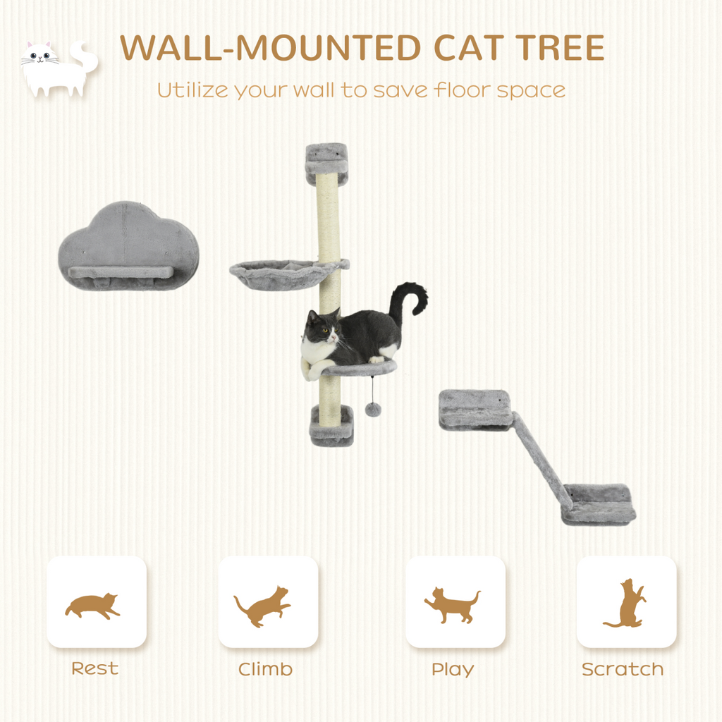 PawHut Cat Wall Furniture with Hammock Platforms Ladder Scratching Post - Grey