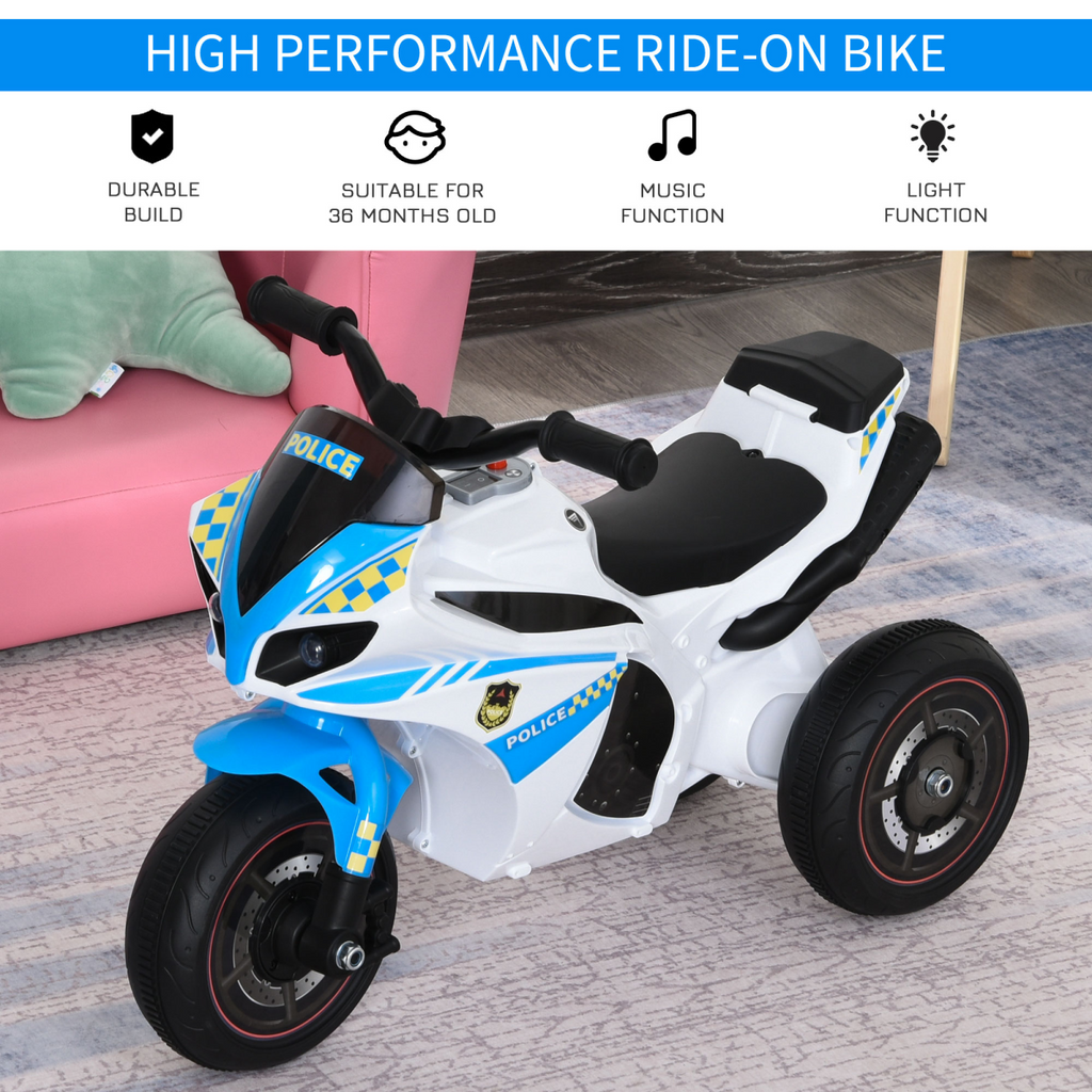 Kids 3-wheel police bike toy with music and lights, designed for ages 18-36 months, from FunZone.