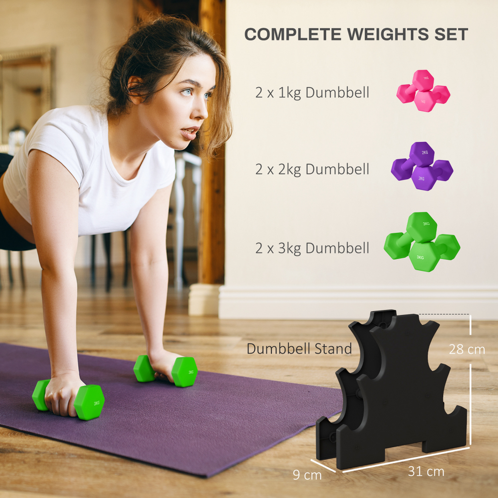 Hex dumbbells set in pink, purple, and green with rack, featuring weights of 1kg, 2kg, and 3kg by SPORTNOW.
