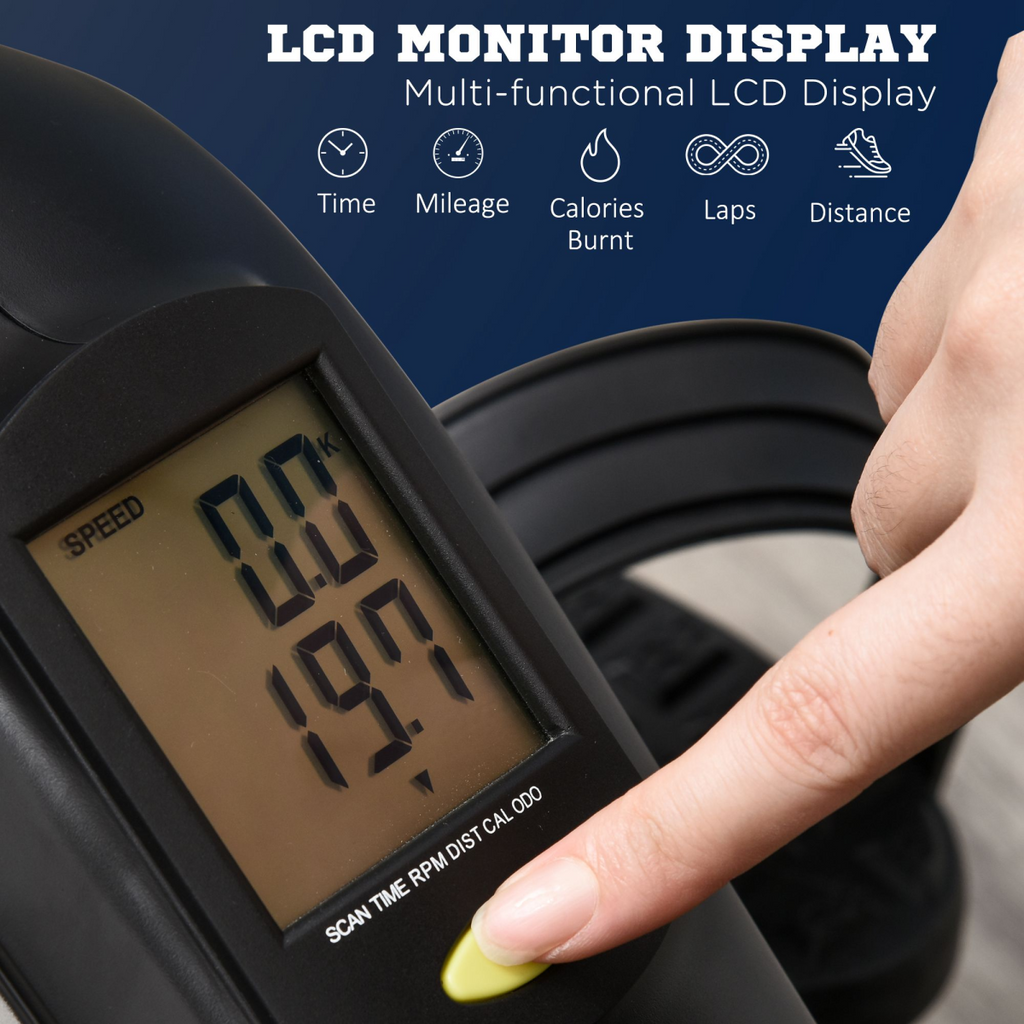 Mini exercise bike with 8 levels of magnetic resistance and an LCD display, designed for compact home workouts.