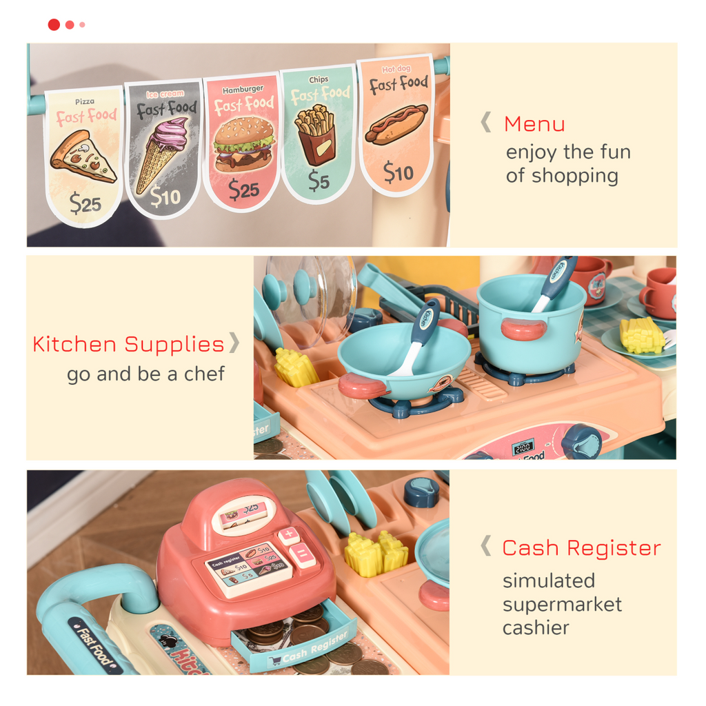 50-piece HOMCOM kids kitchen play set with trolley cart and various toy utensils for ages 3-6.