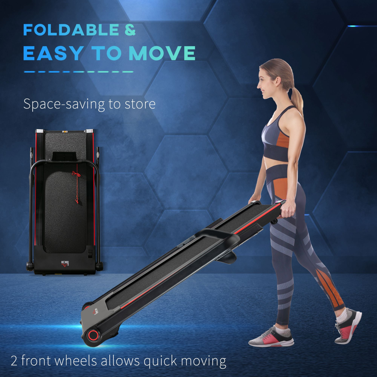 HOMCOM electric folding treadmill with wheels, safety button, and LED monitor in a home gym setting.