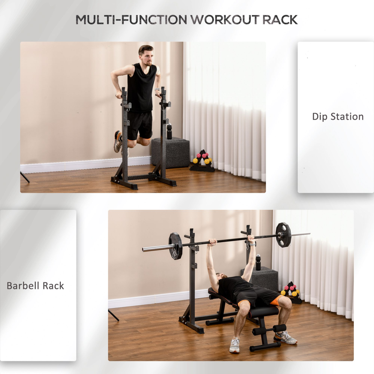 SPORTNOW heavy duty squat rack with adjustable weight barbell stand for home and gym use against a neutral background.