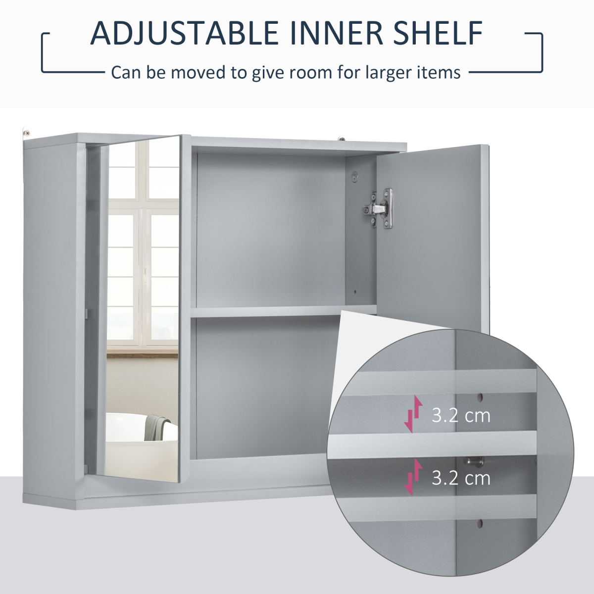 Grey wall mirror cabinet with storage shelf, featuring a sleek design for bathroom organization by Homcom.