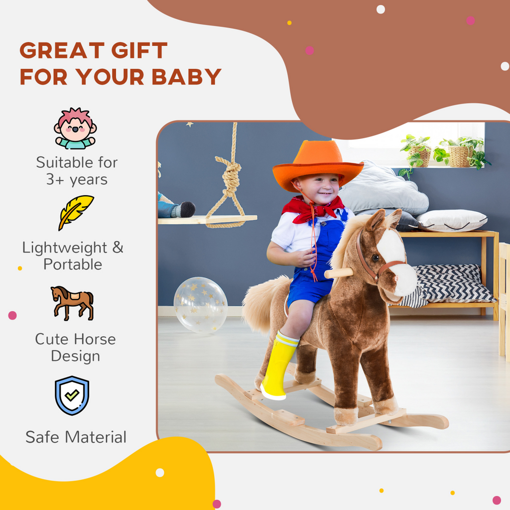 Kids wooden rocking horse by FunZone, featuring plush seat and sturdy construction, ideal for toddler playtime.
