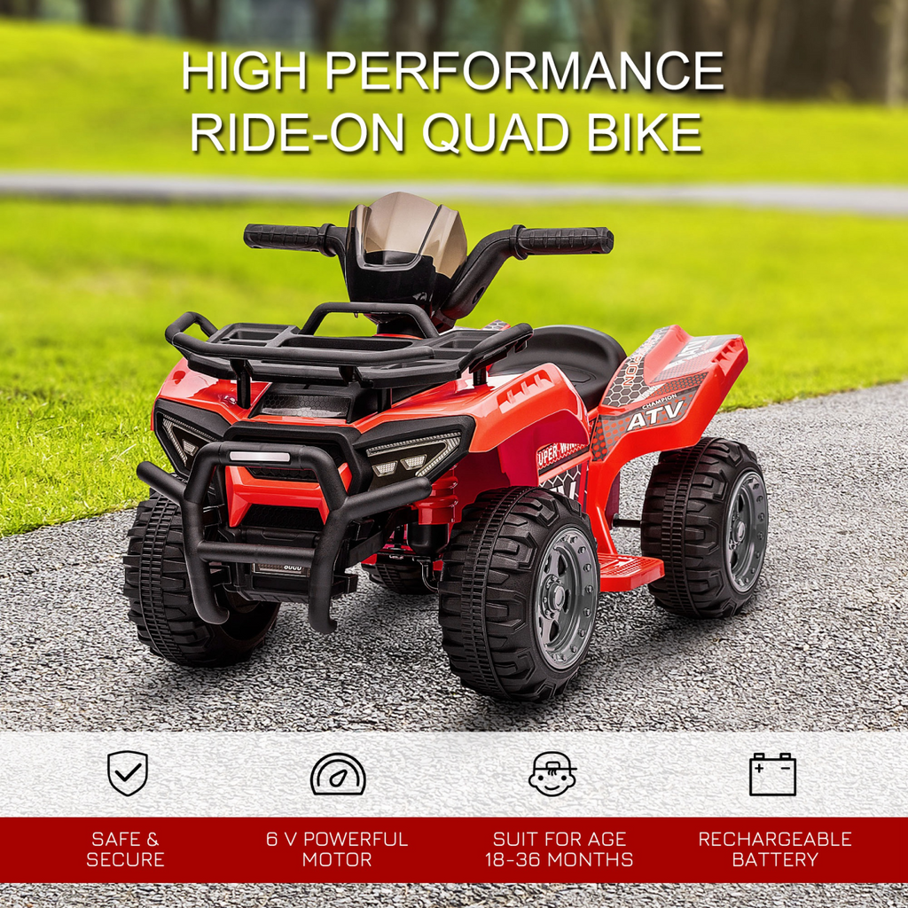 Red HOMCOM 6V electric ride-on toddler quad bike ATV for kids aged 18-36 months, featuring sturdy wheels and a compact design.